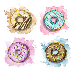 Set with various multicolor round donuts with glaze and topping on colorful stains background. Watercolor hand drawn illustration