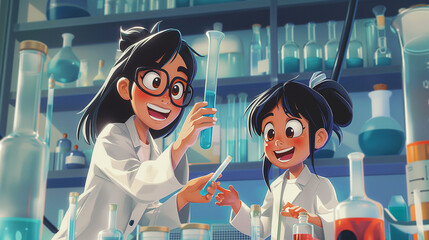 A woman and a girl excitedly conducting a lab experiment. International day of women and girls in science.