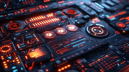 Obraz premium A 3D render of futuristic user interface elements, featuring sleek, high-tech designs with glowing accents. The elements are displayed on a dark background, perfect for use in sci-fi and technology-th