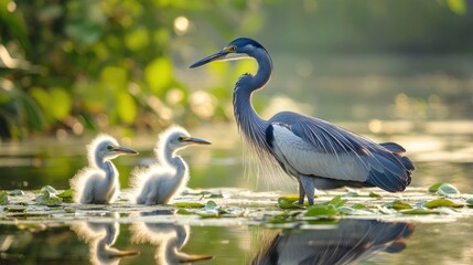 Naklejka premium Heron and Chicks in a Tranquil Marsh