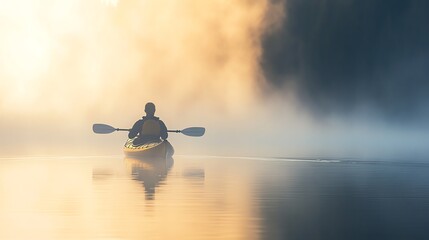 A lone kayaker paddles through a foggy lake at sunrise.
