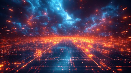 Obraz premium digital rain cascading through a futuristic landscape representing the flow of data and cloud computing in a hightech environment illuminated by glowing lights embodying innovation