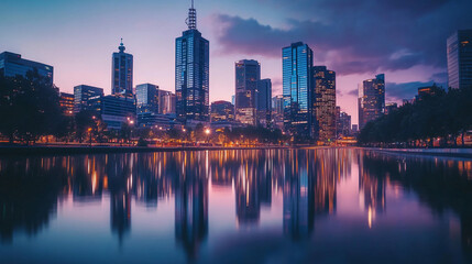 Fototapeta premium A vibrant cityscape photograph taken at dusk, with skyscrapers reflecting in a calm river.