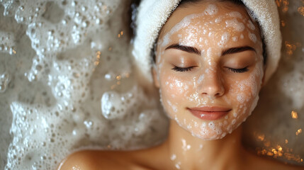A woman enjoys a calming bubble bath at home, applying a facial cleanser as she relaxes and unwinds after a long day