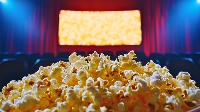 Popcorn in a cinema environment, made from popping corn, a delicious snack perfect for watching movies.