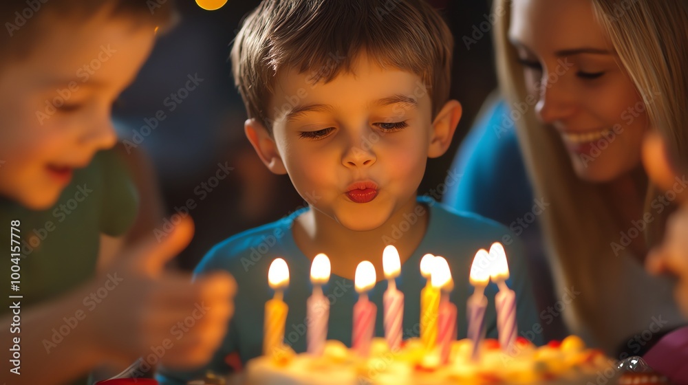 Wall mural A young boy blows out candles on his birthday cake.