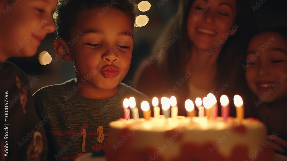 Poster A young boy blows out candles on his birthday cake with family watching.