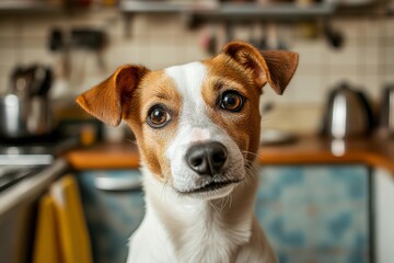 Excited dog eagerly waiting for meal time in a cozy kitchen