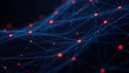 A captivating high-tech digital art depicts a dark blue grid pattern with glowing red elements against a black backdrop embodying an atmospheric futuristic vibe