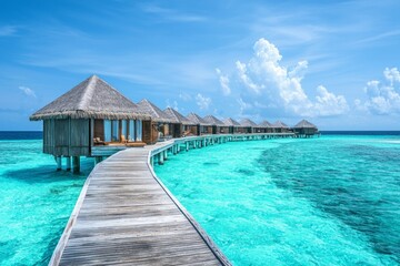 A luxury overwater vacation resort with a wooden walkway leading to thatched-roof huts on the turquoise ocean water, with a Maldives island background.