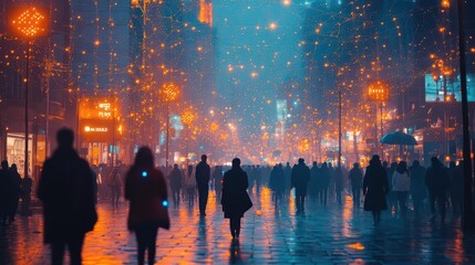 Obraz premium diverse crowd interconnected through a web of glowing connections symbolizing the integration of big data smart city concepts and the future of urban living in an engaging visual narrative