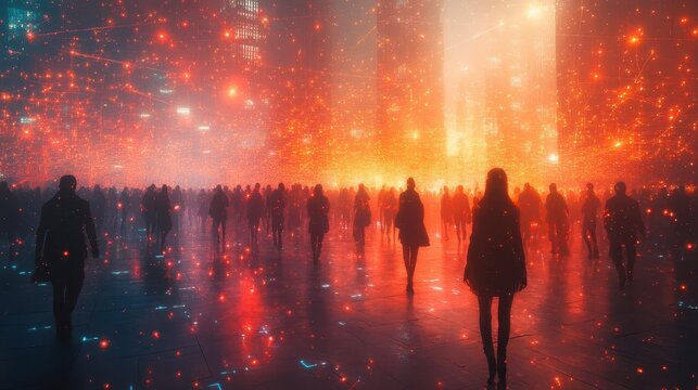 diverse crowd interconnected through a web of glowing connections symbolizing the integration of big data smart city concepts and the future of urban living in an engaging visual narrative