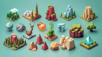 A low poly 3D model collection featuring various objects, each with a stylized, faceted appearance. The models are presented in an isometric view, highlighting their geometric forms and artistic 