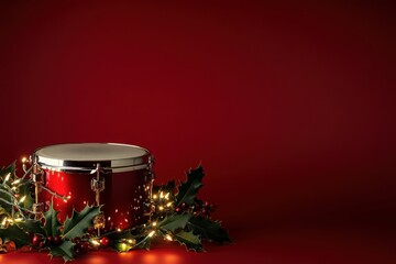 A red drum decorated with holly and fairy lights on a rich red background. Concept of Christmas celebration