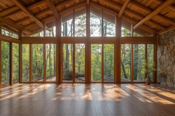 A spacious room with large windows overlooking serene nature. Natural light fills the space. The wooden architecture enhances the cozy atmosphere. Generative AI