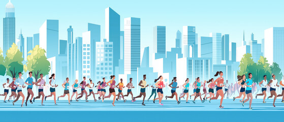 A vibrant cityscape with diverse runners participating in a marathon, showcasing energy and community in an urban environment.