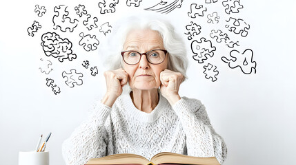 Fototapeta premium Elderly woman flexing her brain muscle surrounded by puzzle