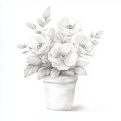 A monochromatic illustration of flowers in a pot, showcasing botanical beauty.