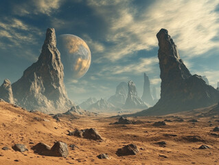 Breathtaking alien landscape under a distant planet in a surreal, rocky terrain
