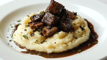 A plate of mashed potatoes with a dark meat stew on top.