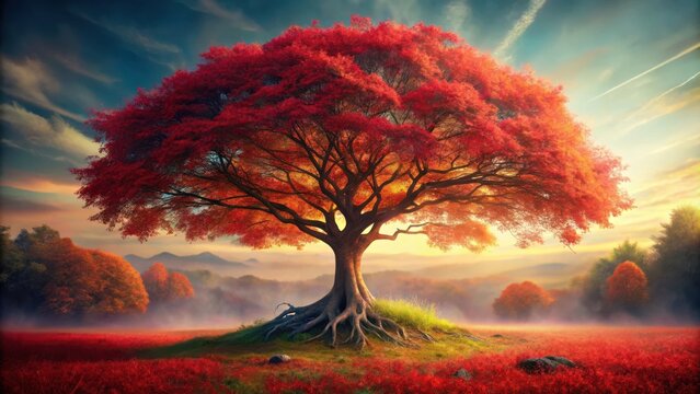 Enchanting red foliage tree surrounded by mystical landscape with intricate roots and vibrant colors