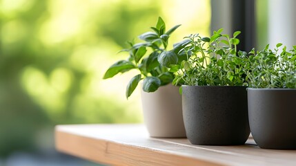 Fototapeta premium Cozy Balcony Herb Garden Retreat - Tranquil Green Space with Fresh Aromas for Relaxation and Peaceful Vibes Perfect for Nature Lovers and Home Decor Enthusiasts