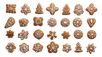 Traditional holiday gingerbread cookies arranged isolated on a white background. cutout PNG file on a transparent background. PNG format