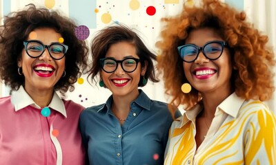 Three close friends delight in each other's company, exchanging joyful expressions and playful banter, surrounded by a colorful backdrop that enhances their cheerful mood