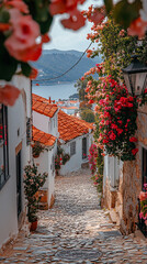 Białe miasteczko wąska uliczka przystrojona kwiatami, tapeta generative ai