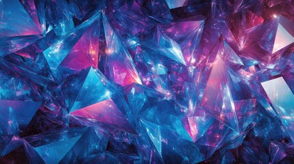 Mesmerizing geometric shapes and vibrant colors of blue, purple, and pink, forming an abstract pattern with sharp angles and fluid designs