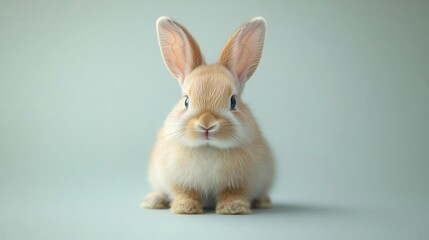 domestic pet rabbit with large ears sitting calmly against a soft light gray background highlighting its gentle nature and adorable features