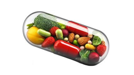 Vitamin supplement capsule containing a mix of fresh fruits, isolated on a white background. cutout PNG file on a transparent background. PNG format