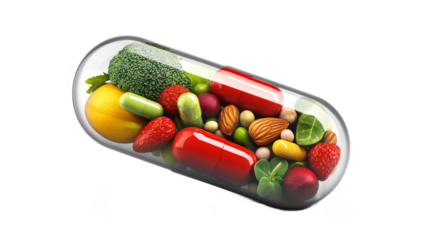 Vitamin supplement capsule containing a mix of fresh fruits, isolated on a white background. cutout PNG file on a transparent background. PNG format