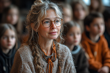 A teacher leading students in a creative storytelling session, where each contributes to a shared narrative. Concept of education.