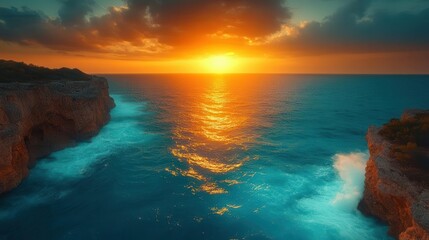 dramatic aerial view of rugged coastline turquoise waves crashing against weathered cliffs golden sunlight illuminating scene