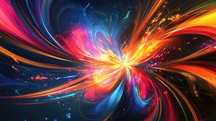 Fototapeta premium Stunning abstract starburst with vibrant colors radiating outward, swirling patterns and fluffy light trails evoke a sense of energy and softness