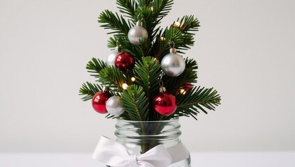 An elegant Christmas tree in a festive glass jar decoration celebrates Merry Christmas and Happy New Year