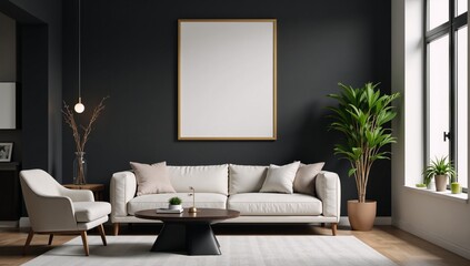 Gold-framed portrait in modern living room mockup