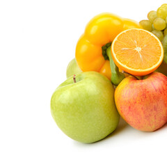 Assorted fresh ripe fruits and vegetables isolated on a white. Free space for text.