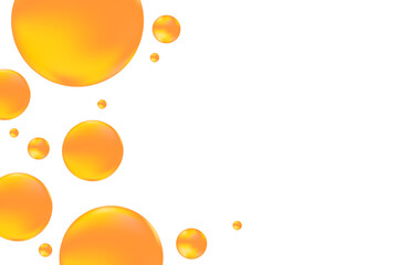 Cute glowing yellow, orange liquid bubbles or fluid jelly droplets isolated on transparent background. Cute honey or orange presentation, beauty serum, cosmetology science, molecular concept