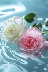 Pink and white roses floating on clear water, close-up of the delicate flowers, light blue background.