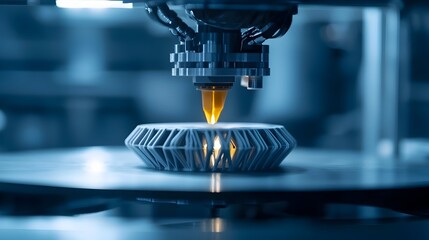 Closeup Shot of Futuristic Metallic 3D Printer Nozzle During Precision Manufacturing Process