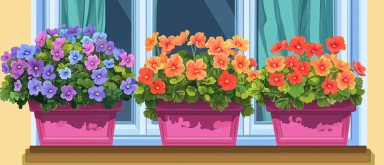 Fototapeta premium Colorful flower pots on a window sill, displaying vibrant blooms of purple, orange, and red, framed by blue curtains.