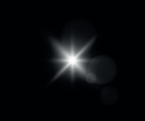 Bright flash of light with rays and glare. Effect of white light on a black background. Vector.