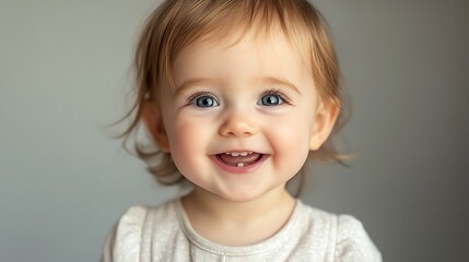 Naklejka premium A baby with blonde hair and blue eyes smiles broadly at the camera.