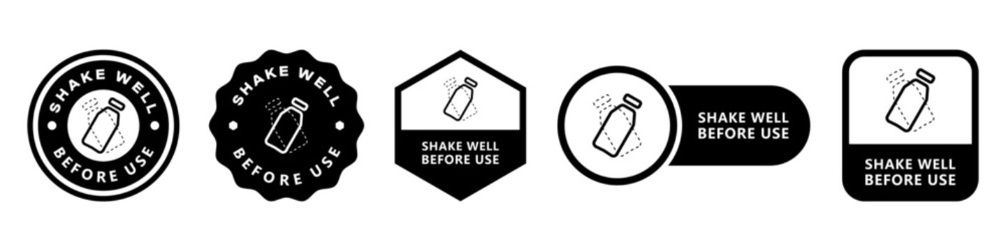 Shake well before use - vector signs for drink bottle labeling.