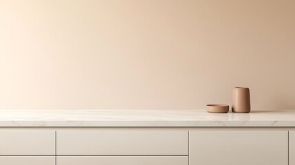  White kitchen tabletop for product presentation. Empty marble countertop. Minimalistic mockup for restaurant or beauty ad design. 