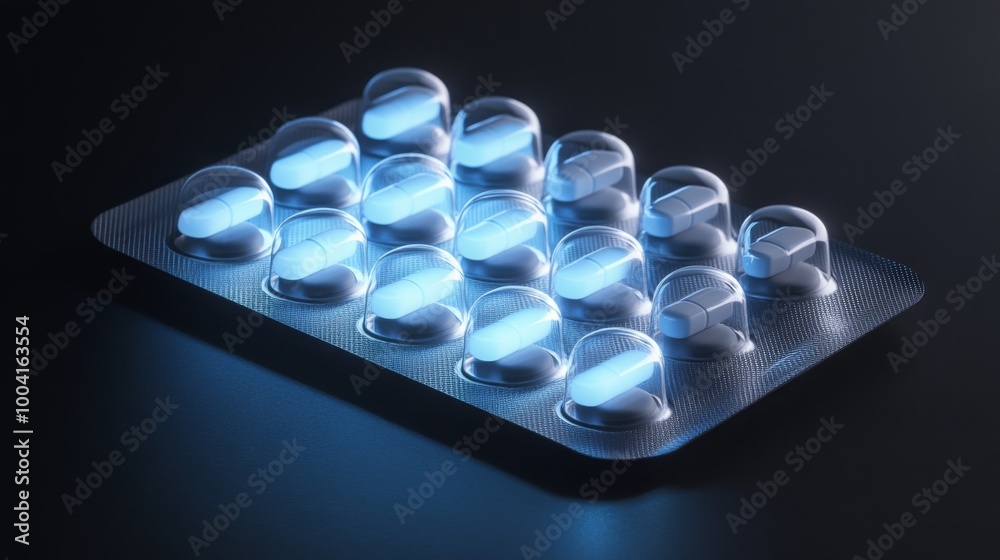 Poster A clear blister pack containing tablets is illuminated by a soft blue light against a dark backdrop. The arrangement showcases the tablets in an organized manner, emphasizing their transparency.