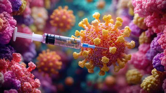 A syringe approaches a vibrant, detailed depiction of a virus, symbolizing vaccine administration and research advancements in health