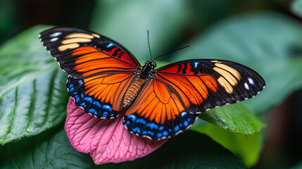 A vibrant butterfly resting on a flowering shrub, showcasing the beauty of nature in close-up detail.